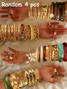 复古优雅复古硬币灵感25-4件套金属多元素几何不规则豹纹厚扎染树脂手链套装，仿珍珠五瓣花蝴蝶结圆形波浪交叉镂空宽手镯套装，极简夸张Y2K高端多层叠戴首饰，适合男女情侣派对结婚周年纪念礼物，日常佩戴 - 彩色 - 查看 17