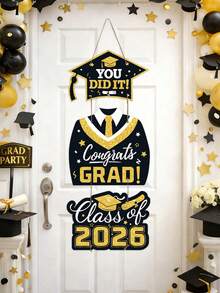 一套2026届毕业派对门挂，黑色金色毕业季挂旗，带有毕业帽和毕业袍图案，“你做到了！祝贺2026届毕业生！”纸质挂饰，毕业照相亭道具，毕业季派对背景装饰横幅，毕业派对用品，照相亭道具，同学聚会，毕业典礼装饰，祝贺毕业派对装饰，送给朋友的毕业礼物 - 2026黑金 - 查看 3