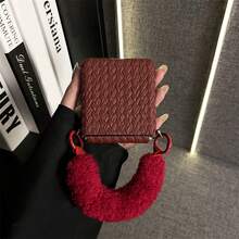 奢华简约酒红色草编图案手机壳，配毛绒链条，兼容三星 Galaxy ZFlip7、Z Flip6、ZFlip 5，防震后盖 - 酒紅色 - 查看 6