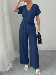 Women's Jumpsuit Casual Short Sleeve Wrap V Neck Belted Wide Leg Pants - 藏蓝色 - 查看 4