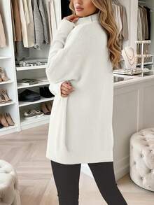 大码女式时尚简约粉色高领长袖套头毛衣，宽松休闲针织上衣，适合情人节和日常穿着 - 白色 - 查看 5