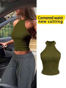 新款女士露背吊带修身百搭短款上衣，休闲夏季款 - 橄欖綠 - 查看 3