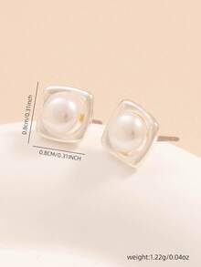 1 Pair Square Pearl Stud Earrings, Minimalist Unique Design, Versatile Earrings For Women - Silver - View 3