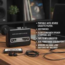 1个便携式自动反转磁带播放器，USB供电，立体声，带扬声器和耳机插孔，磁带转MP3转换器，双供电模式（USB/电池），工作电压≤36V - 不含电池