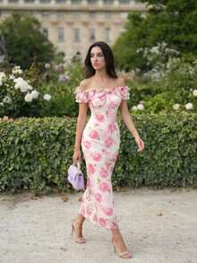 花卉荷叶边中长连衣裙 - 优雅的全身印花连衣裙，荷叶边下摆，适合女性，休闲可爱，是圣诞节和新年假日派对宾客的理想之选 - 彩色 - 查看 5