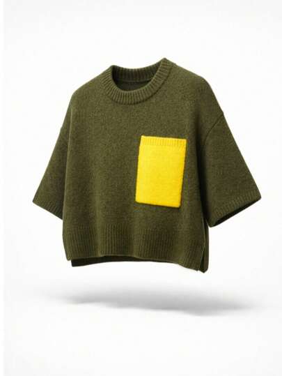 Women's Fashionable Versatile Commuting Short Sleeve Crew Neck Casual Knit Sweater, Autumn Spring