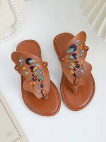 1 đôi dép lê thời trang mùa hè cho bé gái, họa tiết cánh bướm nhiều màu sắc, đường may tinh tế, màu nâu cổ điển, dép xỏ ngón đi biển, thích hợp cho mang hàng ngày, dự tiệc bãi biển. - màu nâu - Xem 3
