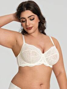 WINGSLOVE Plus Size Floral Lace Bra - Sheer Design, Wireless & Unpadded, Flattering For Larger Bust, Comfortable For Everyday Wear - White - View 4