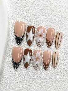 10pcs/Set Romantic Autumn/Winter Nail Art Kit, Hand-Painted French Manicure Stickers, Medium-Long Almond Nail Stickers, Square Nails, Duck Billed Nails, 3D Floral False Nails, Polka Dot Nail Decorations, Black/White/Brown Nails, Includes Tool Kit (1 Jelly Sticker + 1 Nail File), Suitable For Women & Girls, Daily Photo, Party, Autumn/Winter Nail Supplies Handmade Press On Nails - 彩色 - 查看 3