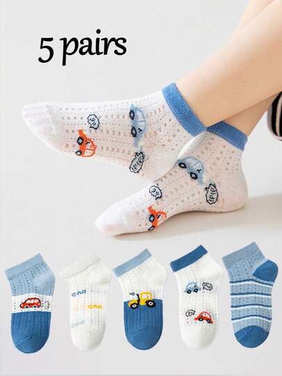 5 Pairs Kids Cartoon Car Mesh Breathable Short Socks, Suitable For 1-16 Years Old Boys And Girls, Spring/Summer