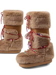 Women's Faux Fur Boots Fuzzy Fluffy Furry Snow Boots Round Toe With Lace-Up Design Cute Warm Suitable For Christmas Halloween And Winter - 駝色a - 查看 8