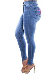 Y2K High-Waisted Slim Fit Jeans With Embroidered Bow & Metal Decor Details, Highlighting Feminine Charm, Versatile For All Seasons Casual - Medium Blue - View 2
