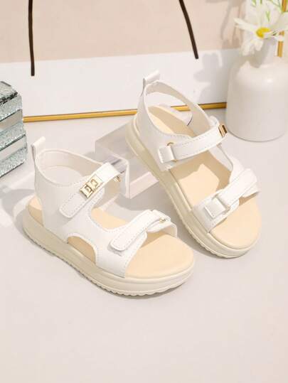A Pair Of The Latest Summer Style Open-Back Slip-On Sandals With Shiny Gold Buckle Decoration - In White Design. It Can Be Easily Matched With Various Children's Outfits And Is Suitable For School Life, Daily Outings, Shopping, And Park Visits,Girls Sandals,Girls Shoes,Kids Sandals,Sandals,Beach Shoes,Kids Shoes