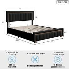 ZSSWSS Cama tapizada con canapé 140/160x200cm, canapé para adultos, con palanca hidráulica, cama doble con cabecero vertical texturizado, adecuada para adolescentes y adultos, somier de láminas, terciopelo, color negro - Negro - Ver 6
