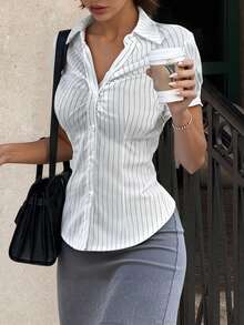 女士休闲通勤条纹前开襟修身衬衫，夏季白色 - 白色 - 查看 7