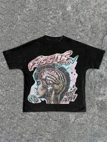 Tween Girl Cotten Clothes,Y2K-Inspired Letter Print T-Shirt - Casual Crew Neck, Short Sleeve, Machine Washable - Perfect For Spring/Summer/Fall,Fashion, Streetwear, Unisex, Men, Women - 黑色 - 查看 1