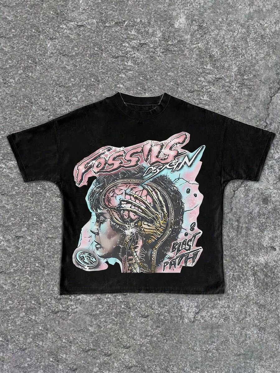 Tween Girl Cotten Clothes,Y2K-Inspired Letter Print T-Shirt - Casual Crew Neck, Short Sleeve, Machine Washable - Perfect For Spring/Summer/Fall,Fashion, Streetwear, Unisex, Men, Women - 黑色 - 查看 1