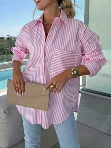 加大码女式长袖条纹衬衫，休闲宽松版型，适合春夏通勤和日常穿着，粉色 - 粉色 - 查看 2