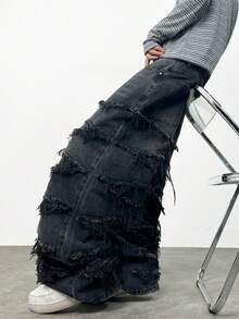 1件 Infinite Jeans 美国街头时尚男士拼接宽松舒适阔腿牛仔裤，四季皆宜的百搭牛仔裤（产品不含腰带和配饰） - 黑色 - 查看 9