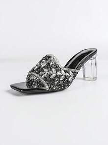 Women's Luxury Elegant Crystal High Heel Shoes, Transparent Crystal High Heels, Square Toe Full Crystal Embellished Chunky Heel, Comfortable, Glamorous, Sparkling Crystal, Suitable For Parties, Gatherings, Balls, Shopping, Various Occasions And Festivals, Showcasing Elegant Elegant, Fashionable And Versatile Style, Comfortable And Durable High Heel Shoes, Crystal Decorated High Heel Sandals. Sexy Crystal Party Heels - Black - View 7