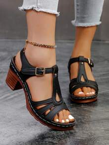 女士黑色搭扣交叉复古纯色PU皮革高跟凉鞋，露趾露跟，罗马风格，春夏款 - 黑色 - 查看 1