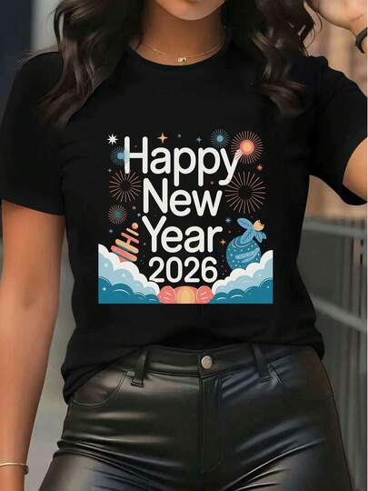 Women's Short Sleeve Round Neck T-Shirt Happy New Year 2024 Graphic Print Tee With Fireworks Rabbit Cloud Pattern Casual Streetwear Holiday Top
