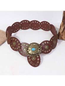 1条复古波西米亚风PU皮女士腰带，四季皆宜，美式西部牛仔风格 - 深棕色 - 查看 15