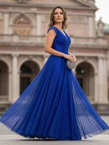 Grife Velasco Elegant Long Wedding/Party Dress With Ruffles, Glitter, And Short Sleeves, For Bridesmaids And Graduation. - Royal Blue - View 7