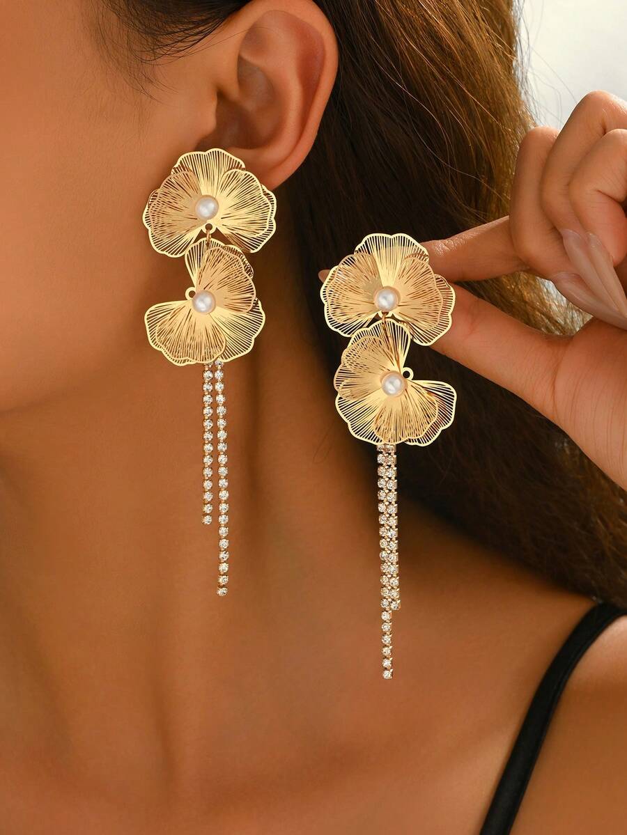 1 Pair Elegant Creative Iron Flower Earrings, Versatile Sparkling Rhinestone Tassel Earrings For Women, Ideal Gift For Family And Friends - Multicolor - View 1