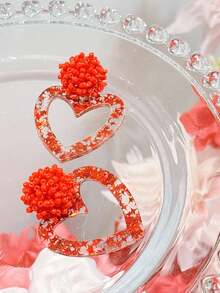 一对可爱的情人节爱心亚克力耳环，饰有红色小珠和星星，浪漫礼物，送给女孩的耳环 - 彩色 - 查看 4