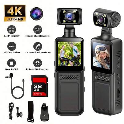 4K便携式Vlog相机 | 270°旋转1.33英寸CMOS镜头，USB充电，内置麦克风和防抖功能，适用于直播、Vlog、旅行、运动等场景。