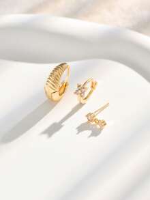 3pcs/Set Fashionable Striped Zirconia Four-Leaf Clover Stud Earrings Set, Suitable For Girl's Daily And Holiday Wear - Gold - View 5