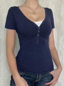 Women's T-Shirt Y2K Sexy Slim Design Sense V-Neck Short-Sleeved Top - 藍色 - 查看 3