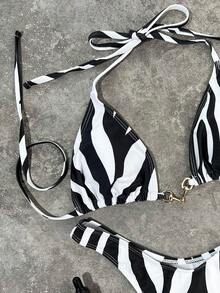 Women's Stylish And Elegant Zebra Print Swimsuit Set For Summer, Perfect For Spring And Summer Beach Getaways, Seaside Activities And Holiday Outfits. - Black and White - View 5