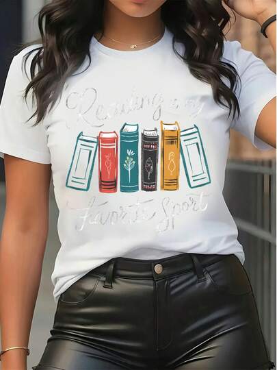Women's Casual Round Neck Short Sleeve T - Shirt Reading Is My Favorite Sport Book Graphic Print Loose Fit Tee Top For Daily Wear