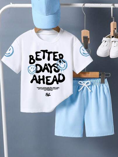 Tween Boy Letter Graphic Print Crew Neck Short Sleeve T-Shirt And Shorts Set