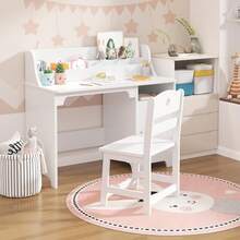 Escritorio Infantil con Silla, Mesa de Estudio para Niños y Niñas con Gabinete de Almacenaje, Escritorio de Madera para Cuarto Infantil y Sala de Estudio - Blanco - Ver 1