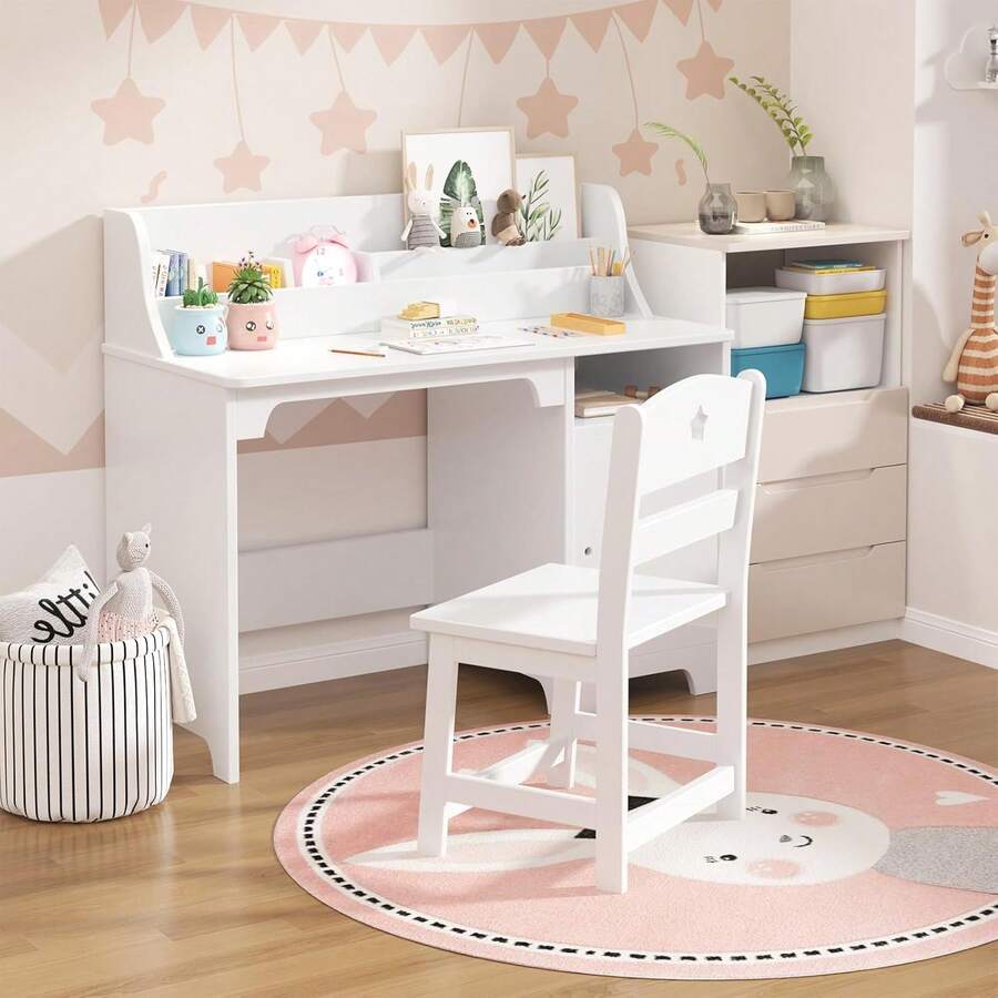 Escritorio Infantil con Silla, Mesa de Estudio para Niños y Niñas con Gabinete de Almacenaje, Escritorio de Madera para Cuarto Infantil y Sala de Estudio - Blanco - Ver 1