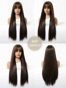 Tóc giả dài 30 inch màu nâu có mái, tóc giả thẳng tự nhiên làm từ sợi tổng hợp, phù hợp cho cosplay nữ, đám cưới và các dịp khác, chịu nhiệt, hoàn hảo cho các bữa tiệc, đám cưới và sử dụng hàng ngày. - màu nâu - Xem 6