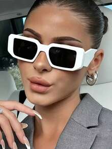 1副长方形小框白色时尚眼镜，复古，个性化，多功能，女士时尚眼镜，适合日常佩戴、街头摄影、度假、旅行、海滩配饰 - 白色 - 查看 2