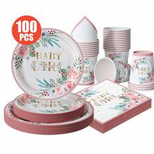 白色底绿色叶子花朵图案女宝宝一次性餐盘、餐巾纸、杯子套装，适合25位客人使用，一次性纸盘派对餐具，适用于生日、婚礼、主题派对、家庭野餐等场合。 - 彩色 - 查看 1