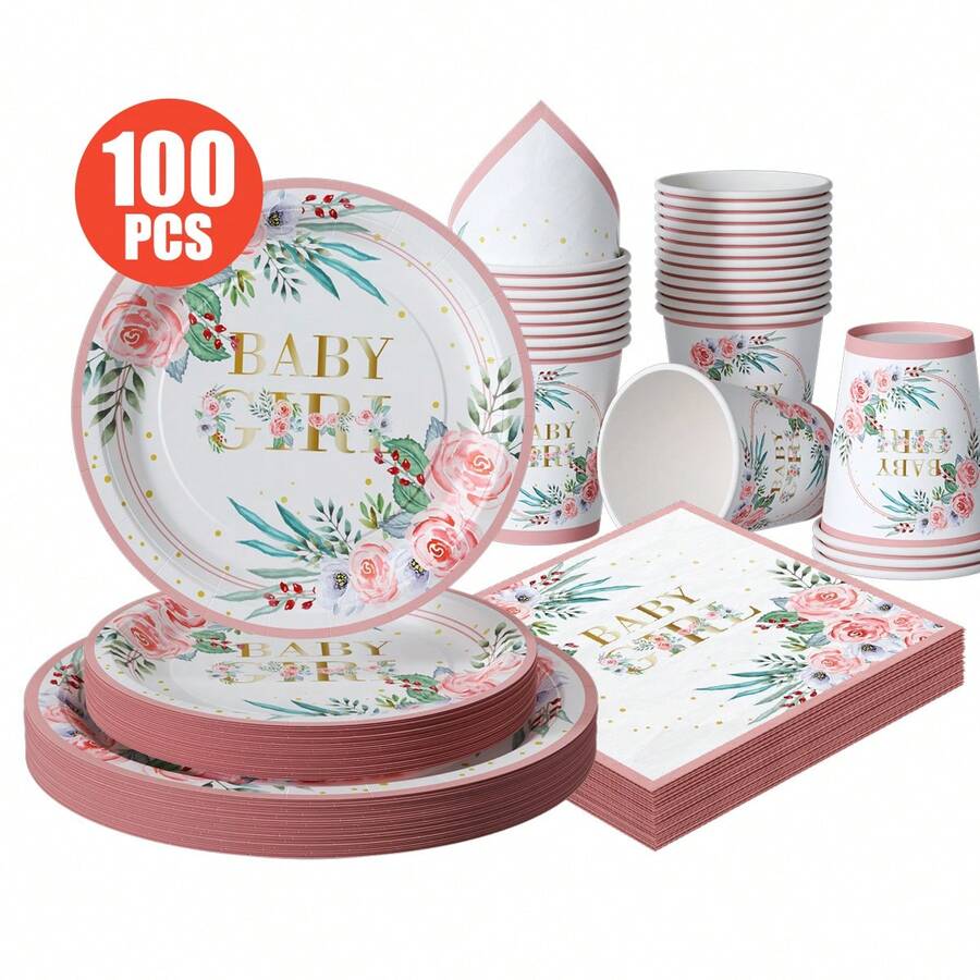 白色底绿色叶子花朵图案女宝宝一次性餐盘、餐巾纸、杯子套装，适合25位客人使用，一次性纸盘派对餐具，适用于生日、婚礼、主题派对、家庭野餐等场合。 - 彩色 - 查看 1