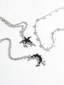 3pcs Y2K Streetwear Chic Girl Sweet Drip Oil Star Moon Silver Star Sequin Chain Necklace Set
