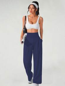 Women's High Waist Sports Pants - Loose Wide Leg Yoga Pants With Pockets, Fashionable Solid Color Casual Sports Wide Legs Pants, Wide Leg High Waist Casual Pants, Spring And Autumn Daily Casual - 藏蓝色 - 查看 6
