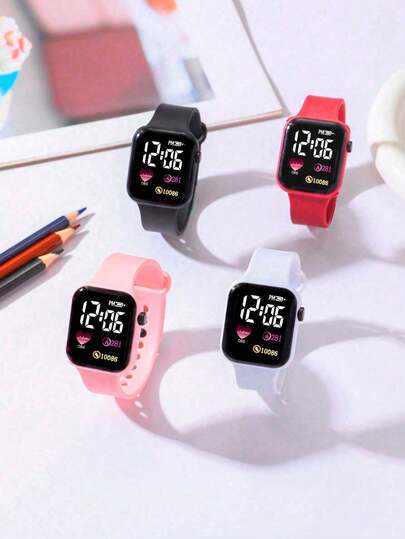 1 件儿童和青少年可爱卡通心形时尚数字手表，带时间和日期显示，适合作为女孩节日礼物、返校礼物