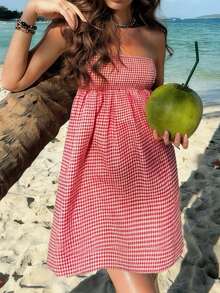 Đầm hai dây trễ vai màu đỏ trắng kẻ caro nhuộm tie-dye thanh lịch, thoải mái dành cho nữ, thích hợp mặc đi biển hàng ngày, nghỉ lễ, mùa xuân, trang phục đi biển, đầm kẻ caro. - Đỏ và trắng - Xem 3