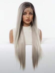 华丽银灰金色13x4高清蕾丝前假发，丝滑直发，自然发际线，耐热合成纤维，打造日常优雅造型，30英寸 - 彩色 - 查看 2