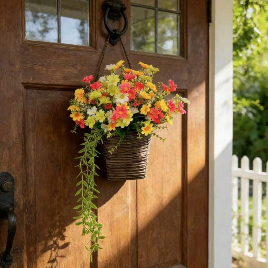 Artificial Flower Basket Realistic Faux Daisy Front Door Wreath Fake Hanging Floral Decorations For Farmhouse Home Holiday - 彩色 - 查看 1