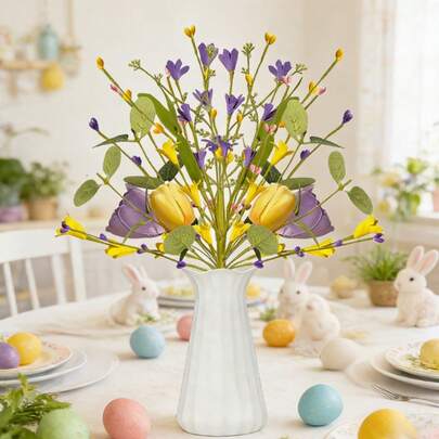 Hoa giả mùa xuân 5 cành, hoa mô phỏng cắm hoa tulip vàng tím, hoa dại, bình hoa trang trí, trang trí mùa hè và lễ Phục sinh.