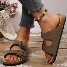 Womens Flats Sandals Adjustable Buckle Slippers Comfort Slides For Women Soft Flat Open Toe Summer Footwear Shoes - 深棕色 - 查看 8